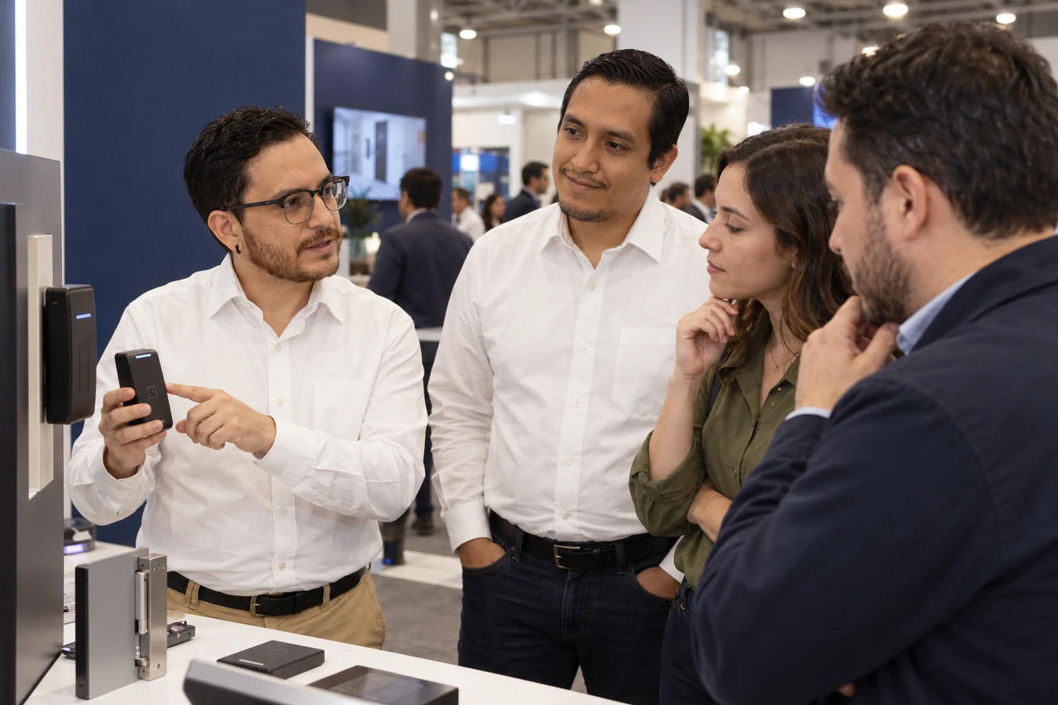 Ricardo y Pablo conversando con dos participantes en un encuentro de tecnología.